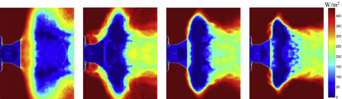 高速旋转钟形雾化器的红外热成像可视化显示，液体流量为400ccmin。